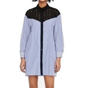 Zara Stripe Button Down Long Sleeve Eyelet Crochet Lace Shirt Dress Size Medium
